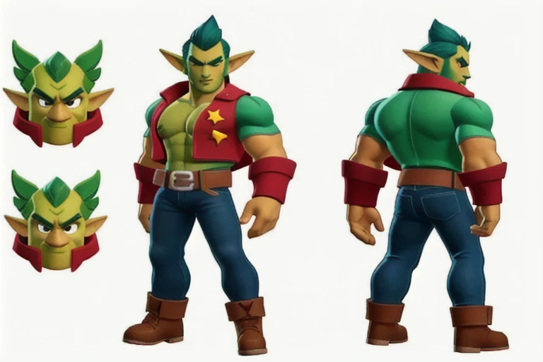 Cartoon aspect ratio, A muscular green goblin, with pointy ears and big, bright eyes, character sheet,full body,low poly,The head to body ratio is 1:1