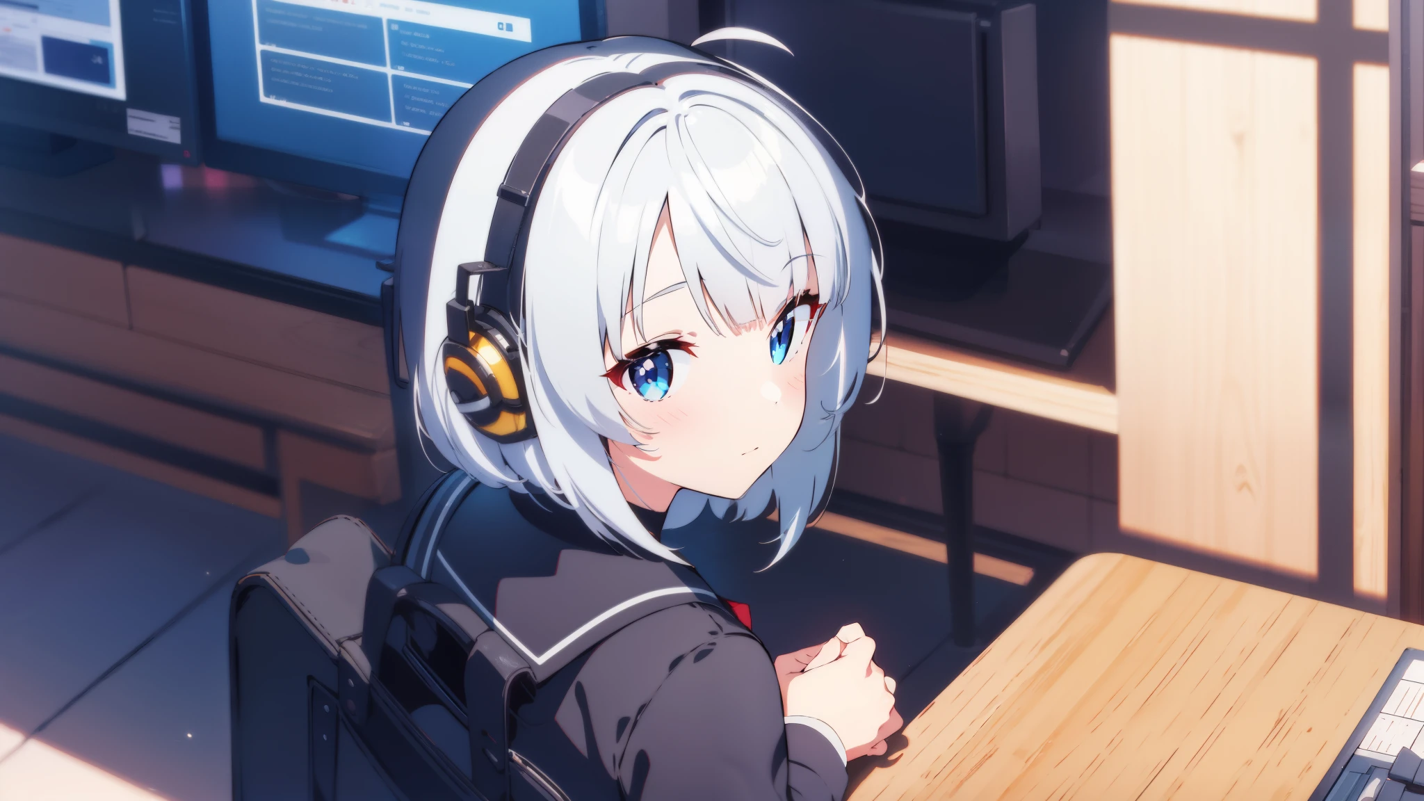 solo girl rgb ray tracing gaming room les neon gaming pc gaming ray tracing vtuber nekomimi white hair blue eyes school uniform navy 1 girl, High resolution, long hair, blush, smile, perfect body