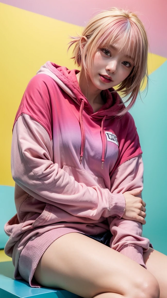 1 girl, Red hair, Coiled hairstyle, Wisps of hair on the face, Red Eyes, mascara, Oversized Hoodie, diaphragm, Hot Pants, Tights, laced Tights, Eye bags, sit, cafes, Ground angle shooting, The audience looks up, feet in Tights, Sagging breasts, Shock, Original Photography, 8K, masterpiece,