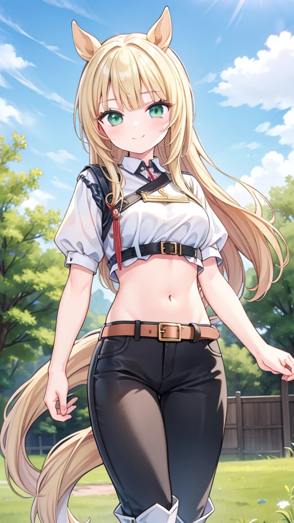 small breasts, smile, legging, anime style, blue eyes, detailed eyes, medium hair, blonde hair, loose hair, field, bra,