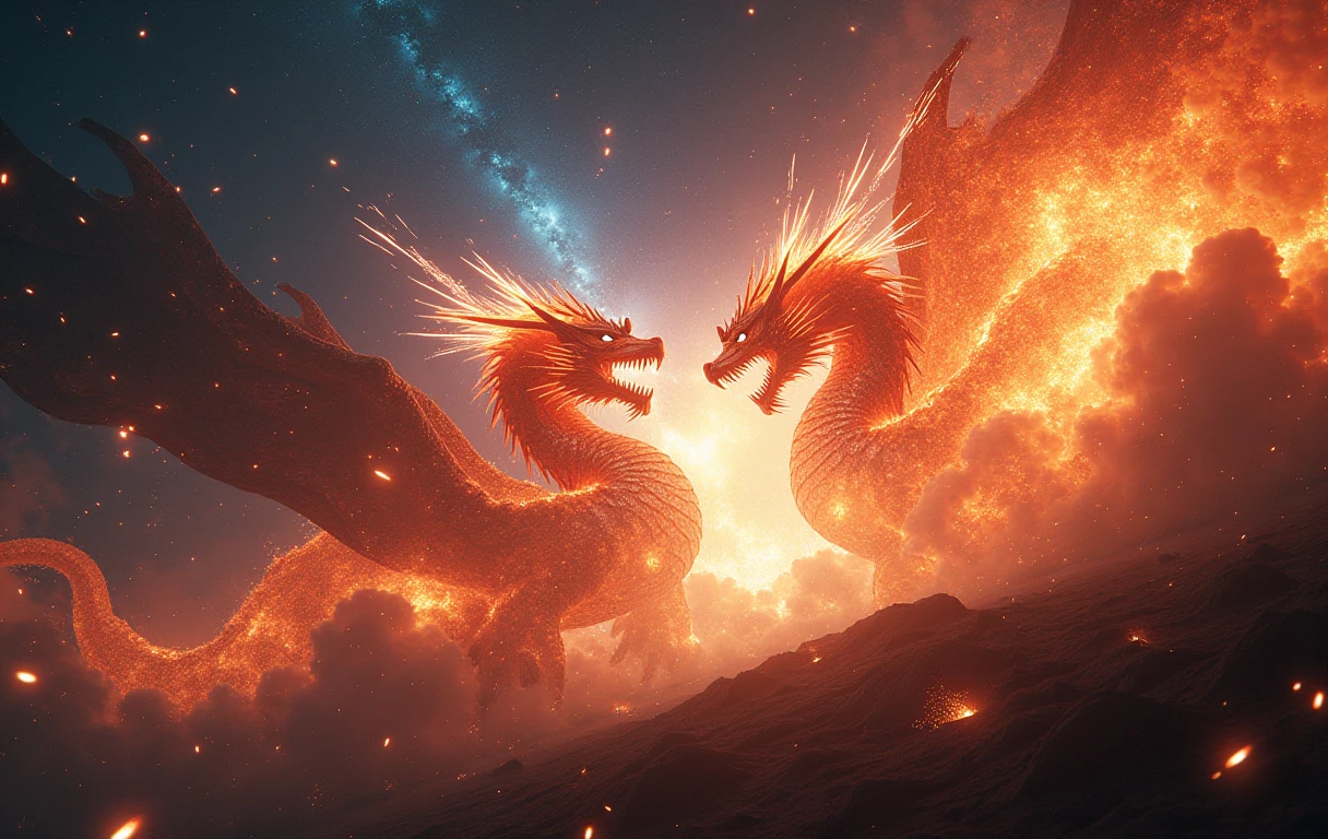 War of two fire dragons over the sea , bloodthirsty , detailed image, high quality