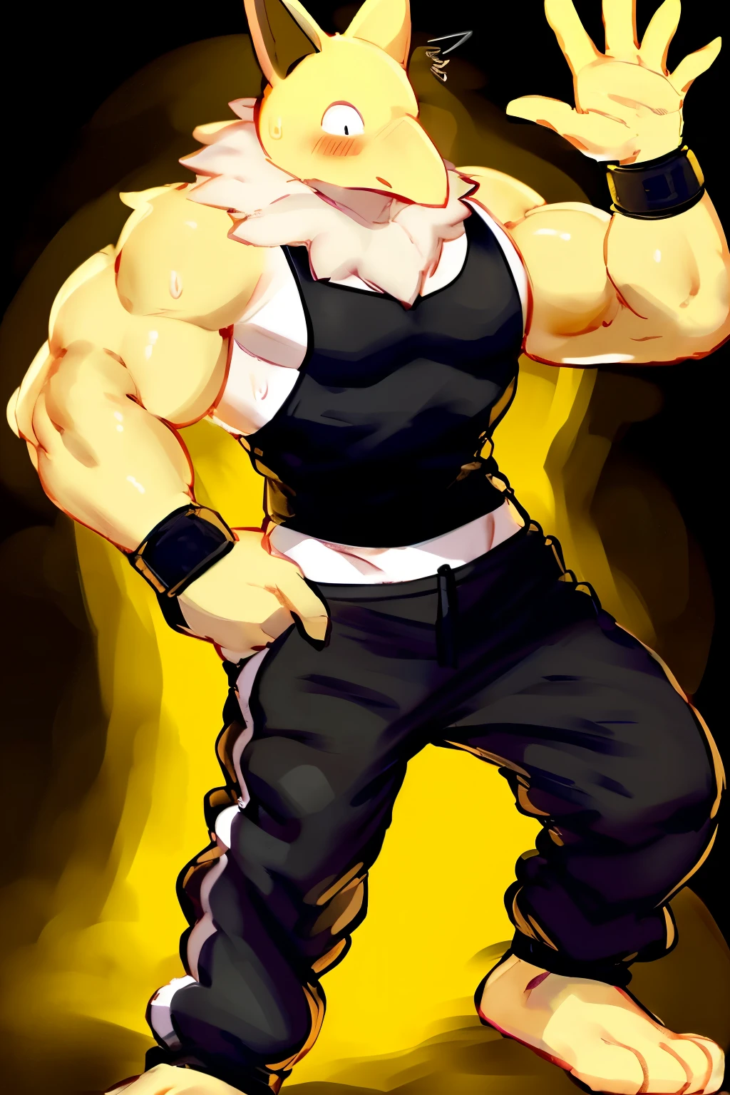 Furry, Anthro, solo, Hypno, Male, (((muscular body, massive male pectorals, yellow skin, wearing white fluffy fur around neck))), ((((massive biceps, shocked, wide-eyed, head tilted, sweating, glossy, waving, happy)))), ((((((massive bulky torso, facing viewer, wearing black tanktop, black wristbands, wearing black sweatpants)))))) full body, (front view), side view, black/yellow spraypainted background, by buta99, by zackary911, by bebebebebe, (((digital painting)))