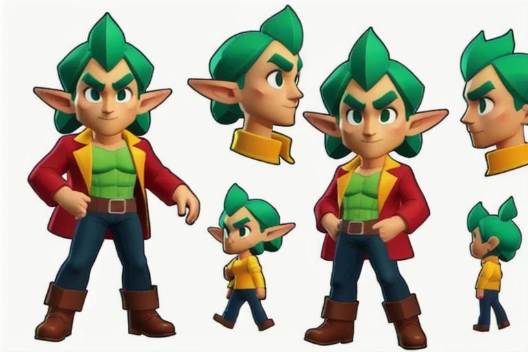 Cartoon aspect ratio, A green goblin, with pointy ears and big, bright eyes, character sheet, full body, low poly, The head to body ratio is 1:1