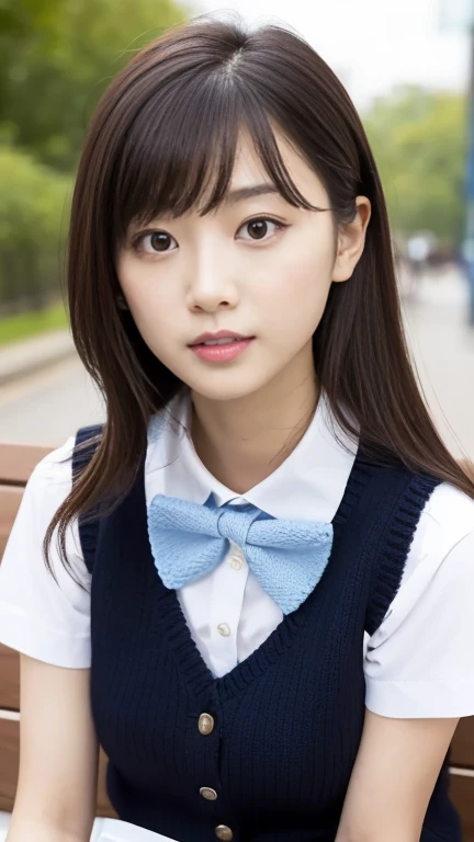 alone、high school girl、16 years old、Natural body shape、White skin、Natural Makeup、Black Hair、bangs、Straight Long Hair、、((((School uniform、White blouse、Grey long sleeve cardigan、Blue checked school ribbon))))、((((Navy blue pleated skirt、mini skirt))))、、((Big Breasts:1.2))、((()))、((The upper body is in uniform))、School classroom、(((((Looking at the camera)))))、Thighs exposed、(((Head to knee portrait)))、Focus on the chest