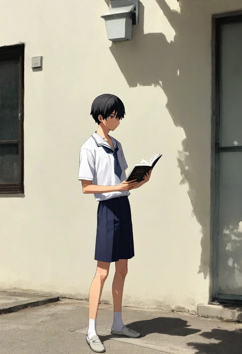  male、二人のmale、high school 、School Uniform、Standing posture、whole body、Black Hair、Summer sun、reading