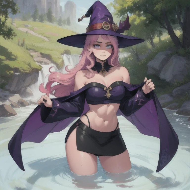 nsfw, masterpiece, 1 girl, erect nipples, intricately detailed, topless, navel, black skirt, bare shoulders, necklace, night, witch hat, erect nipples, puffy nipples, extremely detailed, photorealistic, octane render, 8 k, unreal engine, bare breasts, nipples, bare stomach, sweaty, moist breath, small breasts smiling, collarbone, wet body, saliva, drooling, pink hair, encore, green eyes, holding wizard staff, embarrassed, forest, trees, grass field, long skirt, waist pouch, sarong, jeweled staff, elbow gloves, long hair, hoop earring