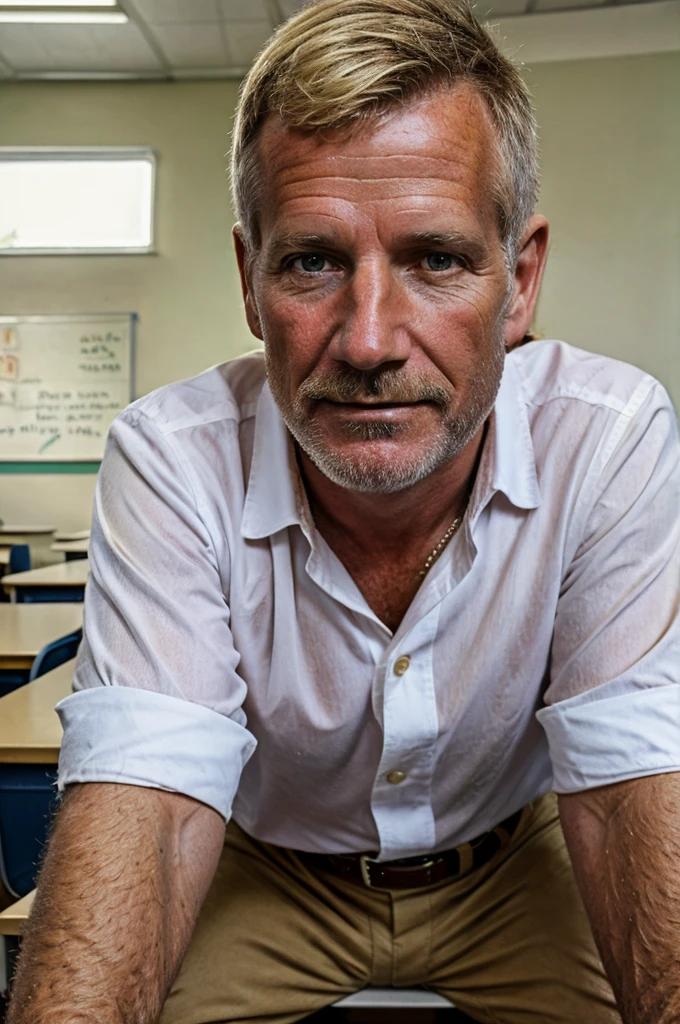 teacher, A dazzling expression and a shy smile, he teaching now, wearing a white shirt and a see-through white chinos with a brown belt, male, 50 years old, a blonde-silver daddy, sexy shot picture, pubic, Location: classroom in the school, A spacious and warm classroom filled with sunlight, Full-body picture,  ((masterpiece)), Anatomically correct, Attention to detail, High image quality, Best Quality, photorealistic, 8k, highly detailed, intricate details, hyper realistic, photorealistic, masterpiece, sophisticated color palette, exquisite details, Colorful photos, 