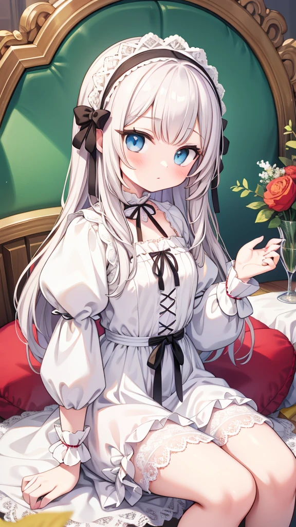 Wearing a maid outfit,long whitr hair,Wearing white stockings,No shoes on,Big chest,Show some breasts,Long legs