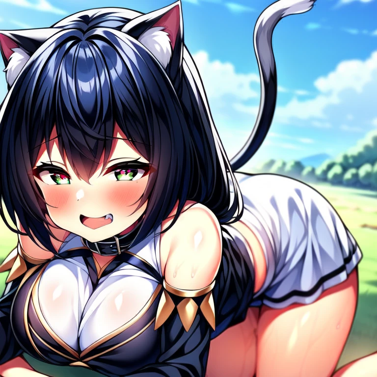 1girl, karyl, animal ear fluff, animal ears, black hair, black ribbon, cat ears, cat girl, cat tail, fang, green eyes, hair bow, long hair, low twintails, multicolored hair, purple bow, ribbon, skin fang, streaked hair, tail, twintails, vertical stripes, white hair, licking penis, pov, cum in animal ears