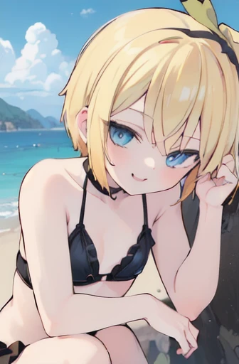 8ｋ、 s,pale blond hair, Blue eyes,Twin-tailed、blonde  hair,Blue sky,Kaihuai,Double-toothed,,view the viewer,Lens Flare,Dramatic, Coastal、toppless、NSFW、teats 、pink areolas、barechested、All nude、wearing no clothes、sitting on、A look of shame、Soft lighting、extra detailed face、extremely detailed eye、（（flat breast））