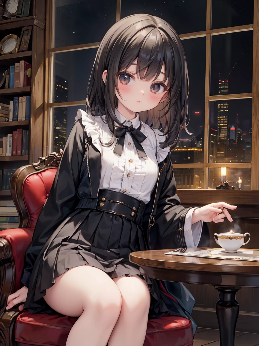 masterpiece, Best Quality, Very detailed, 16k, Ultra-high resolution, Cowboy Shot, Detailed face, Perfect fingers, a , Black Eyes, Black Hair, Wavy Hair, Gorgeous Western-style building, Bookshelf, Table seating, chair, Tea Set, chairに座って本を読む,Watching the fireworks from the window