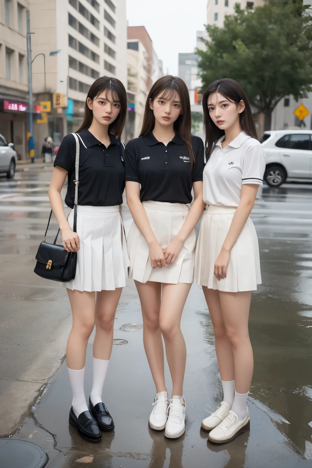 heavy rain, soaked, long hair, looking at viewer, smile, bangs, (Two girls in:1.2), skirt, brown hair, shirt, black hair, short sleeves, brown eyes,  long hair, standing, white polo shirt, pleated skirt, open clothes, shoes, socks, striped, collared shirt, hand up, bag, kneehighs, brown footwear, loafers, school bag, Wet,