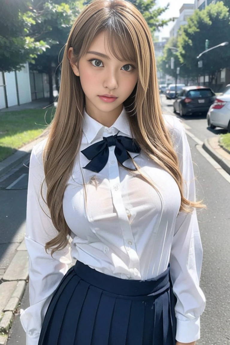 masterpiece, best quality, illustration, Super detailed, fine details, High resolution, 8K,wall paper, perfect dynamic composition,(Details High quality, realistic depiction of eyes:1.3), from side, In the car、High school girl uniform、blazer 、Super Short Check Uniform Skirt、Navy blue high socks、garterbelts、Colossal tits、Disturbed uniform, straight hair, black hair color, huge breasts, Big Natural Color Lip, bold sexy pose, (perfect body shape), crying a little、Harajuku style、20 year old girl、 beautiful legs, hposing Gravure Idol, Voluptuous thighs