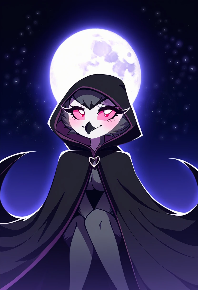 (Octavia) owl, bird girl, colored sclera, pink sclera, white pupils, long eyelashes, colored skin, dark gray body, dark gray feathers, eye shadow, cape covering whole body, black cape, hoods covered head, night, beak, black beak, bird tail, tail feathers, dark night background, subtle smile, shy look, full moon