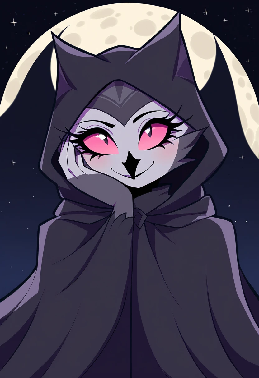 (Octavia) owl, bird girl, colored sclera, pink sclera, white pupils, long eyelashes, colored skin, dark gray body, dark gray feathers, eye shadow, cape covering whole body, black cape, hoods covered head, night, beak, black beak, bird tail, tail feathers, dark night background, subtle smile, shy look, full moon