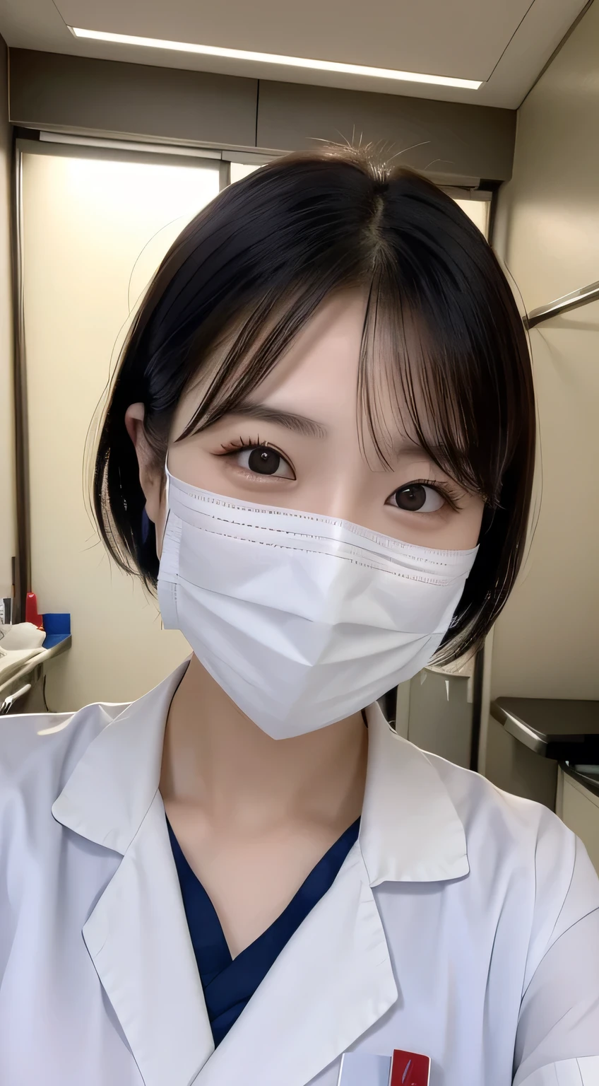 4K、top-quality、｟Smile 1.6｠Masked Masterpiece、Cute 20 year old woman、Idol-like face、Black-haired 、short hair、Wine red scrub type short sleeve medical suit、Flight Nurse、Portrait of a nurse, Beautiful nurse，Inside the hospital、