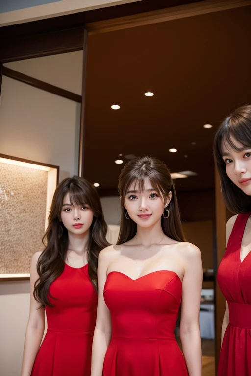 ((Highest quality、8k、masterpiece:1.3))、((Photorealistic、Perfect body line:1.4))、((1 super beautiful woman、Two Women:1.3))、((Highly detailed face, skin texture and beautiful eyes、Highlight of light-colored eyes、Light shines in the eyes:1.4))、((She has a well-proportioned body like a gravure idol and huge breasts.、Super long curly hair, brownish in color almost blonde:1.3))、((A super sexy long dress in blue and red with a beautiful pattern made of super thin and tight velour material.、Slit in dress:1.3))、((tiara、Stylish arm ring、Jewels and luxurious decorations:1.1))、((Super beautiful, translucent skin:1.3))、((Super flashy pink gyaru makeup:1.2))、((The interior of a luxurious restaurant、The two of them are sitting in luxurious chairs:1.3))、((One in a red dress and the other in a blue dress、Ultra slit dress:1.3))