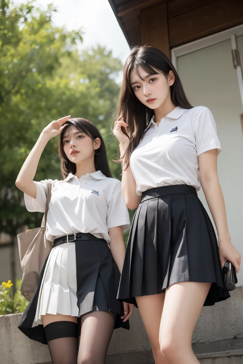 heavy rain, soaked, long hair, looking at viewer, smile, bangs, (Two girls in:1.2), skirt, brown hair, shirt, black hair, short sleeves, brown eyes,  long hair, standing, white polo shirt, pleated skirt, open clothes, shoes, socks, striped, collared shirt, hand up, bag, kneehighs, brown footwear, loafers, school bag, Wet, Cowboy shot, (From below:1.2)