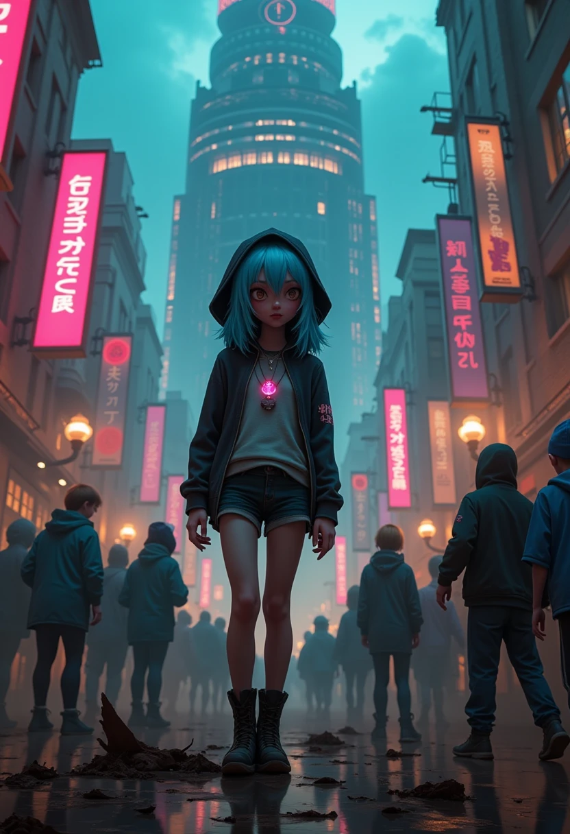 RAW Photos, riot, Cyberpunk Tower of God in the background, Fluorescent headgear, girl, Blue Hair,, 18 years old, Wearing a hoodie,The front is open、Dystopia、Shorts、Combat Boots
