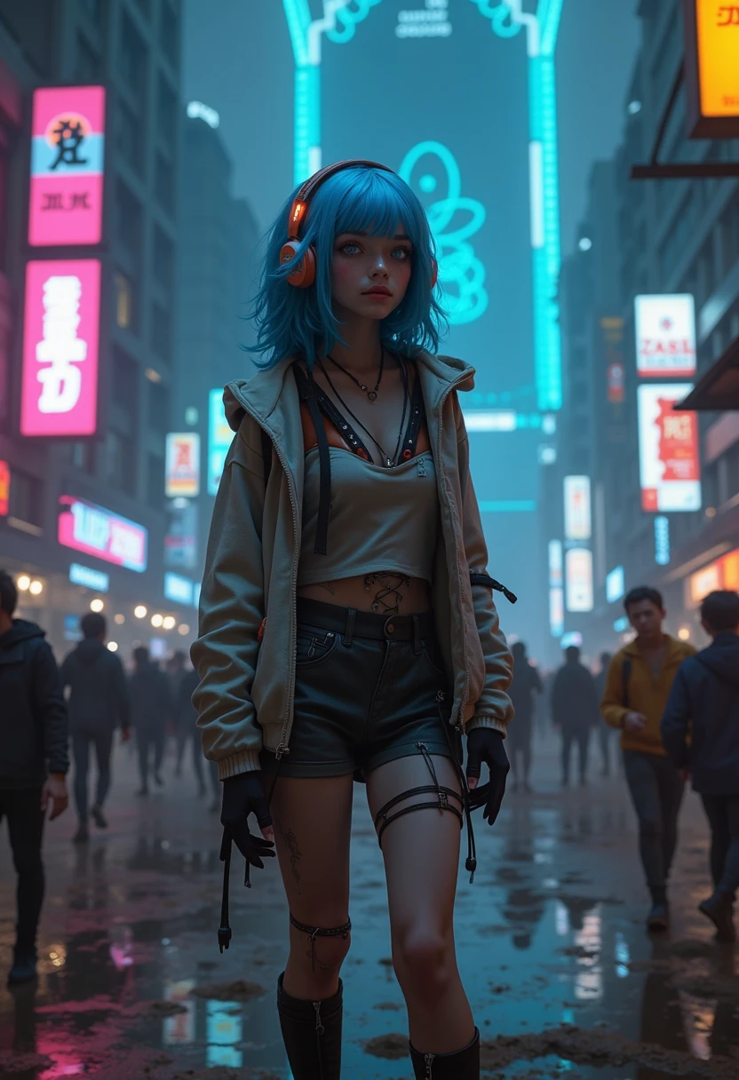 RAW Photos, riot, Cyberpunk Tower of God in the background, Fluorescent headgear, girl, Blue Hair,, 18 years old, Wearing a hoodie,The front is open、Dystopia、Shorts、Combat Boots
