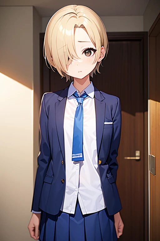 masterpiece, Best Quality, High resolution, 1 、
, Shirasaka Koume, Blonde, hair over one eye, short hair, Brown eyes, Flat Chest,(Hiding one eye),Hidden right eye,, (Perfect hands, Perfect Anatomy),School Uniform,blazer,Collared shirt,skirt,School,library,blue sky
