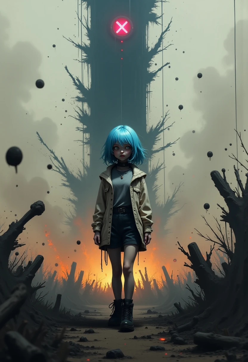 RAW Photos, riot, Cyberpunk Tower of God in the background, Fluorescent headgear, girl, Blue Hair,, 18 years old, Wearing a hoodie,The front is open、Dystopia、Shorts、Combat Boots
