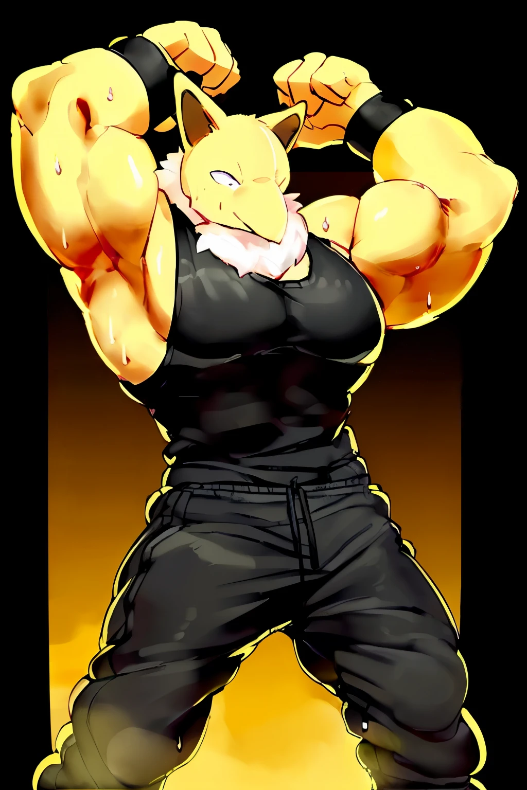 Furry, Anthro, solo, Hypno, Male, (((muscular body, massive male pectorals, yellow skin, wearing white fluffy fur around neck))), ((((massive biceps, shocked, wide-eyed, head tilted, sweating, glossy, seductive, dynamic pose, hands behind head, on bed)))), ((((((massive bulky torso, facing viewer, wearing black tanktop, black wristbands, wearing black sweatpants)))))) upper body, (front view), black/yellow spraypainted background, by buta99, by zackary911, by bebebebebe, (((digital painting)))