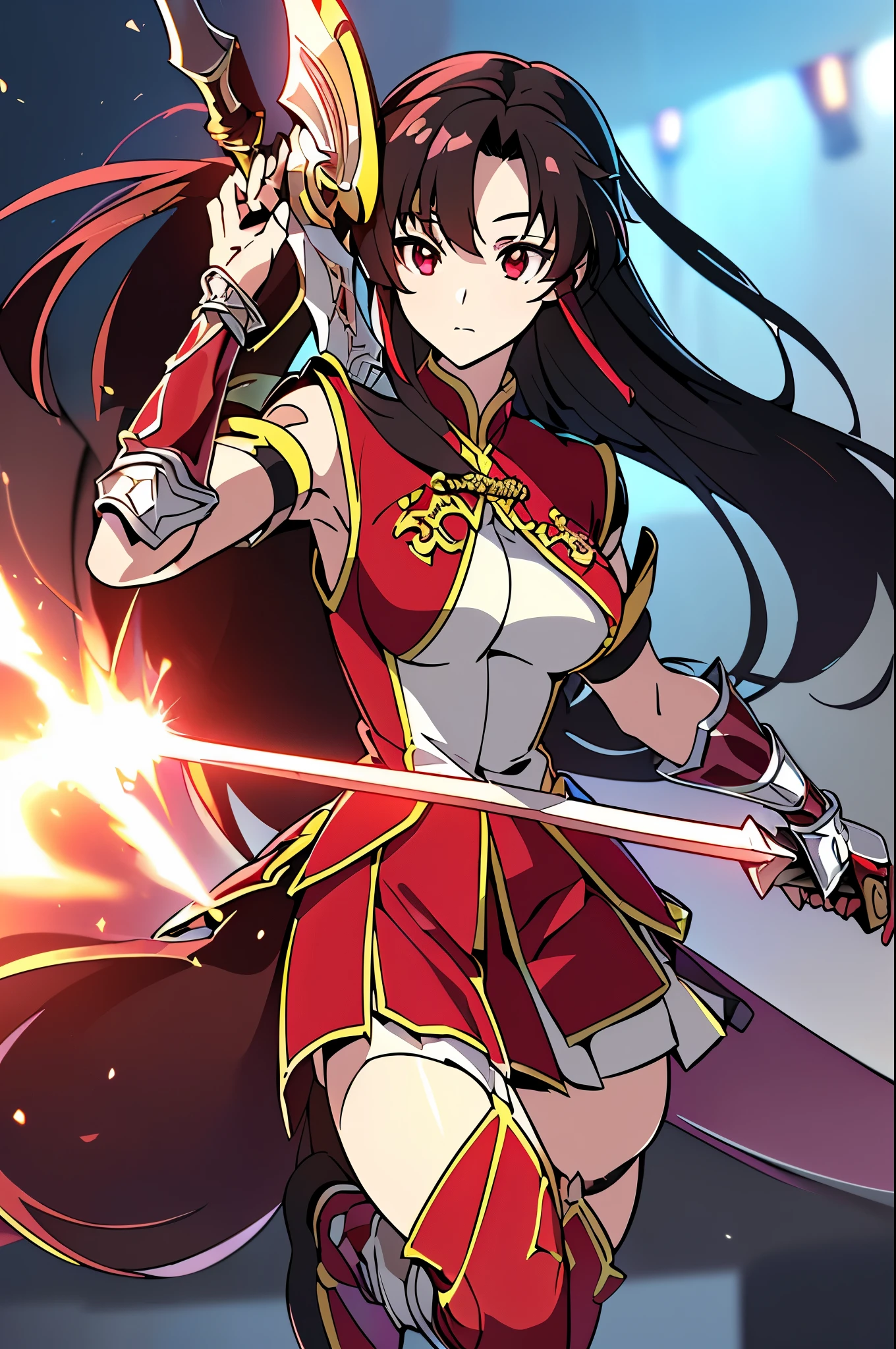 1girl, a close up of a person in a costume with a sword, cushart krenz key art feminine, inspired by Krenz Cushart, cushart kenz, art deco outrun anime aesthestic, gainax anime style, krenz cushart and artgerm, high detailed official artwork, by Krenz Cushart, guilty gear art style