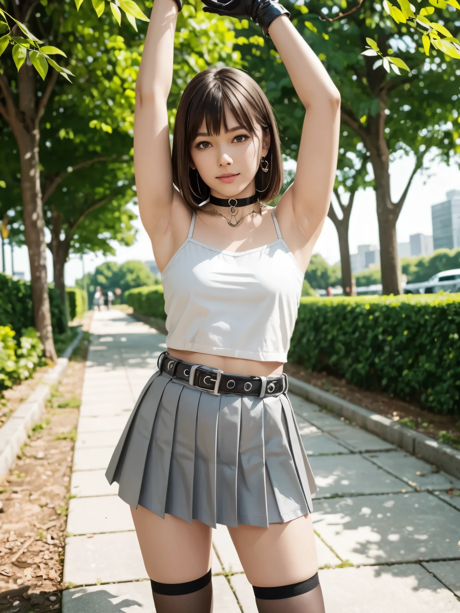 girl, standing, (stretching pose:1.2), body tilt, armpits, camisole, micro pleated skirt, thighhighs, choker, medium hair, hime cut, hime bangs, looking at viewer, (smile:0.4), park, concrete path, arranged trees, (highrise building:0.8), (masterpiece, best quality, photorealistic:1.2), straight dark brown hair, white tube top, white mini skirt, chain belt, black lace glove, necklace, black choker, (park bench:0.8), sunny day,