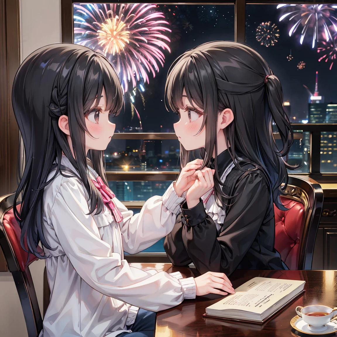 masterpiece, Best Quality, Very detailed, 16k, Ultra-high resolution, Cowboy Shot, Detailed face, Perfect fingers, a , Black Eyes, Black Hair, Wavy Hair, Gorgeous Western-style building, Bookshelf, Table seating, chair, Tea Set, chairに座って本を読む,((Watching the fireworks from the window,profile))