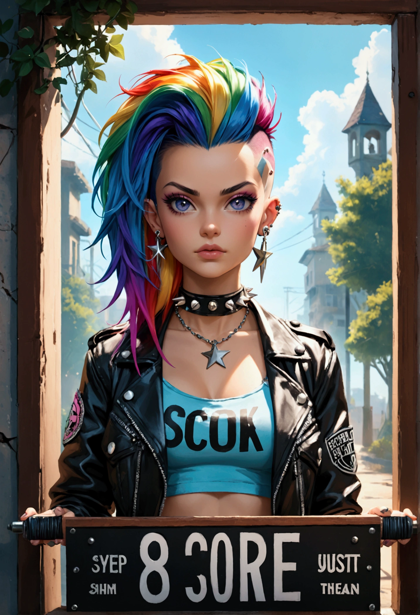 score_9, score_8_up, score_7_up,
(full portrait photography:1.3),absurdres Barbie mugshot, holding, nameplate, holding sign, letterboxed, looking at viewer, mugshot, english text,Punk woman with vibrant mohawk,rainbow hair, Rule of thirds composition, Hair styled in tall colorful crest,Shaved sides with black star patterns,facial piercings,Metal ear gauges, Black spiked collar, Leather jacket with studs,red bra,open denim shorts,unzip shorts,Defiant side-glance, Bright left-side lighting, Strong shadows, Highlights on colored hair, Captured with Canon EOS R5, 85mm f/1.2 lens, High dynamic range, Rich details, Enhanced contrast.amazing quality, ultra realistic, 3D, HD, best quality, amazing quality, very aesthetic,