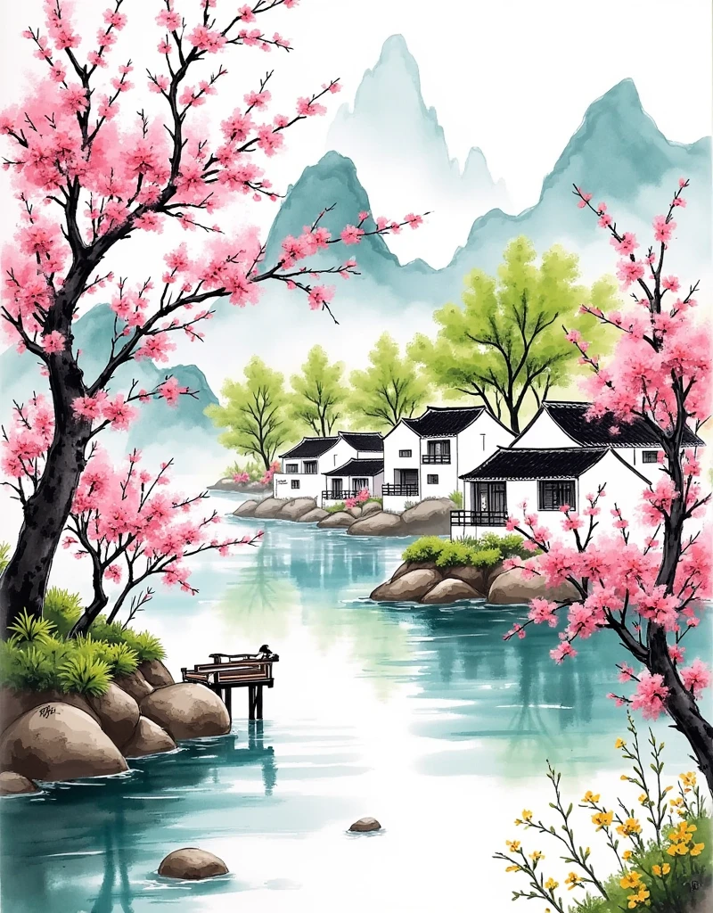 Landscape Painting Composition, Foreground and Background Layers, Symmetry and Balance, Layering, Soft Pink and Green Tones, Warm and Cool Tones, Watercolor Wash, Black-and-White Roofs, Natural Lighting, Highlights, Soft Shadows, Parallel Perspective, Diminishing Scale in Background, Natural Scaling, Chinese Landscape Painting, Ink Wash Painting, Combination of Gongbi and Xieyi, Peach Blossom Tree, Traditional Chinese Architecture, Green Mountains, Reflections in Water, Mountains and Rivers, Blooming Peach Blossoms, Serene Village, Clear Water Surface, Spring Atmosphere, Green Mountains and White Clouds, Flora and Fauna, Ink-style Landscape, Serene and Harmonious, Beauty of Nature, Vibrancy of Spring,1smgf1