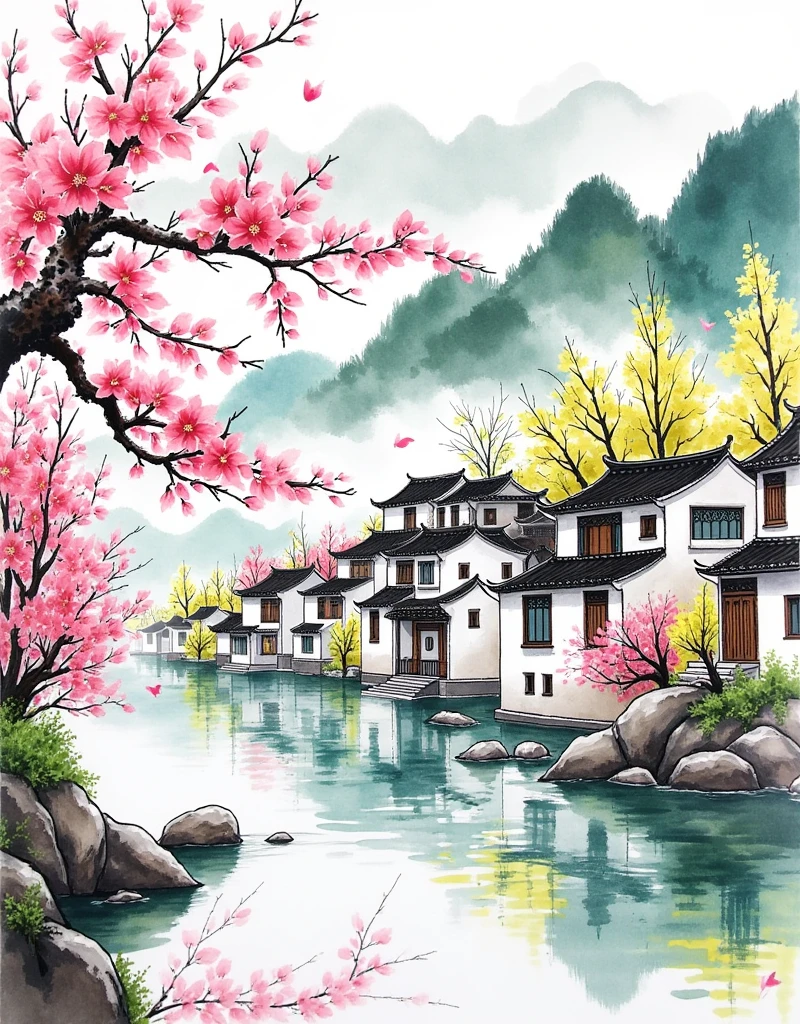 Landscape Painting Composition, Foreground and Background Layers, Symmetry and Balance, Layering, Soft Pink and Green Tones, Warm and Cool Tones, Watercolor Wash, Black-and-White Roofs, Natural Lighting, Highlights, Soft Shadows, Parallel Perspective, Diminishing Scale in Background, Natural Scaling, Chinese Landscape Painting, Ink Wash Painting, Combination of Gongbi and Xieyi, Peach Blossom Tree, Traditional Chinese Architecture, Green Mountains, Reflections in Water, Mountains and Rivers, Blooming Peach Blossoms, Serene Village, Clear Water Surface, Spring Atmosphere, Green Mountains and White Clouds, Flora and Fauna, Ink-style Landscape, Serene and Harmonious, Beauty of Nature, Vibrancy of Spring,1smgf1