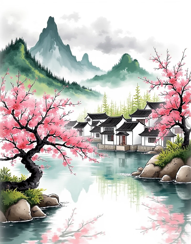 Landscape Painting Composition, Foreground and Background Layers, Symmetry and Balance, Layering, Soft Pink and Green Tones, Warm and Cool Tones, Watercolor Wash, Black-and-White Roofs, Natural Lighting, Highlights, Soft Shadows, Parallel Perspective, Diminishing Scale in Background, Natural Scaling, Chinese Landscape Painting, Ink Wash Painting, Combination of Gongbi and Xieyi, Peach Blossom Tree, Traditional Chinese Architecture, Green Mountains, Reflections in Water, Mountains and Rivers, Blooming Peach Blossoms, Serene Village, Clear Water Surface, Spring Atmosphere, Green Mountains and White Clouds, Flora and Fauna, Ink-style Landscape, Serene and Harmonious, Beauty of Nature, Vibrancy of Spring,1smgf1