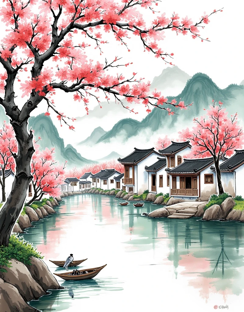 Landscape Painting Composition, Foreground and Background Layers, Symmetry and Balance, Layering, Soft Pink and Green Tones, Warm and Cool Tones, Watercolor Wash, Black-and-White Roofs, Natural Lighting, Highlights, Soft Shadows, Parallel Perspective, Diminishing Scale in Background, Natural Scaling, Chinese Landscape Painting, Ink Wash Painting, Combination of Gongbi and Xieyi, Peach Blossom Tree, Traditional Chinese Architecture, Green Mountains, Reflections in Water, Mountains and Rivers, Blooming Peach Blossoms, Serene Village, Clear Water Surface, Spring Atmosphere, Green Mountains and White Clouds, Flora and Fauna, Ink-style Landscape, Serene and Harmonious, Beauty of Nature, Vibrancy of Spring,1smgf1