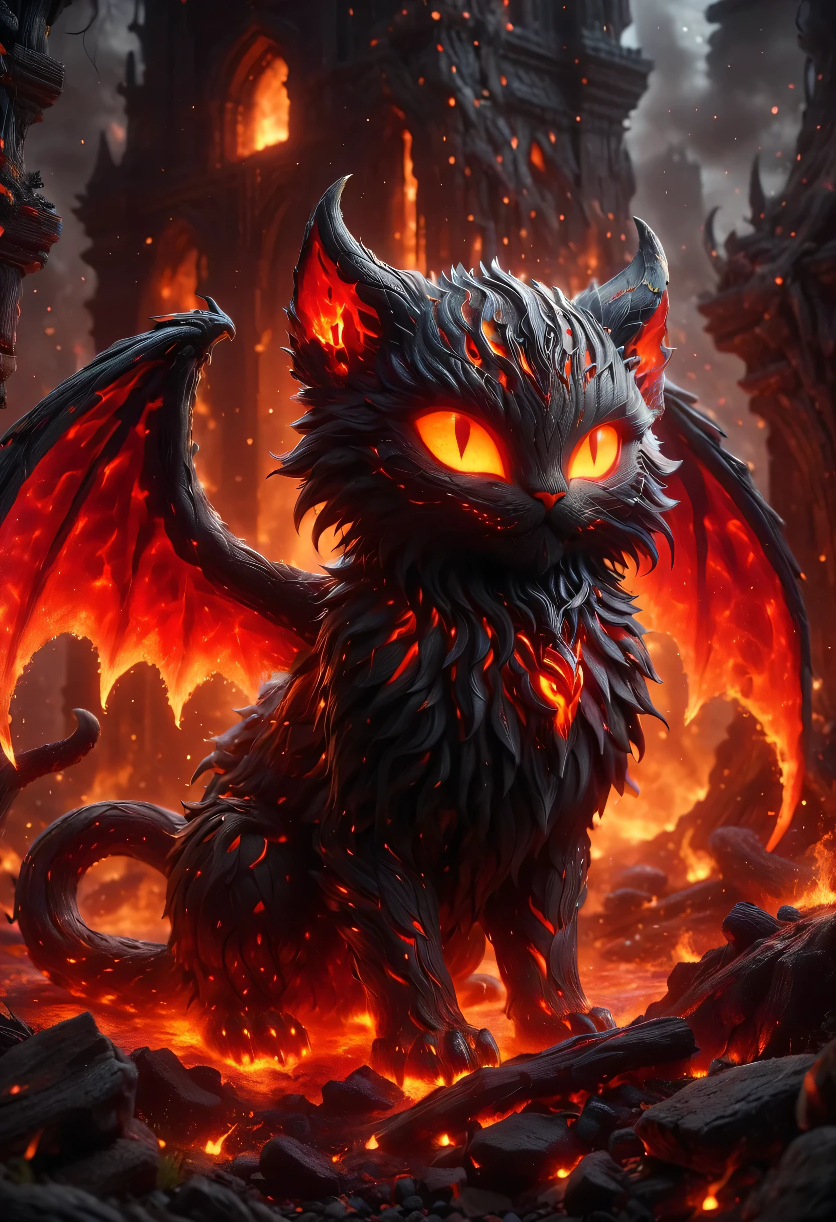 Cute colorful plush Cthulhu, wildlife photography, In the lava swamp, A diabolical hybrid of a cat and a demon in a hellish environment, surrounded by fierce fire and brimstone. The creature possesses piercing crimson eyes emitting an eerie glow, sharp fangs indicative of its menacing nature, and twisted horns akin to a hellish demon. The feline part of its body covered in jet-black fur, tail swishing back and forth as a sign of its devious intentions. The background is bathed in an ominous red glow, painting a vivid picture of a terrifying underworld.