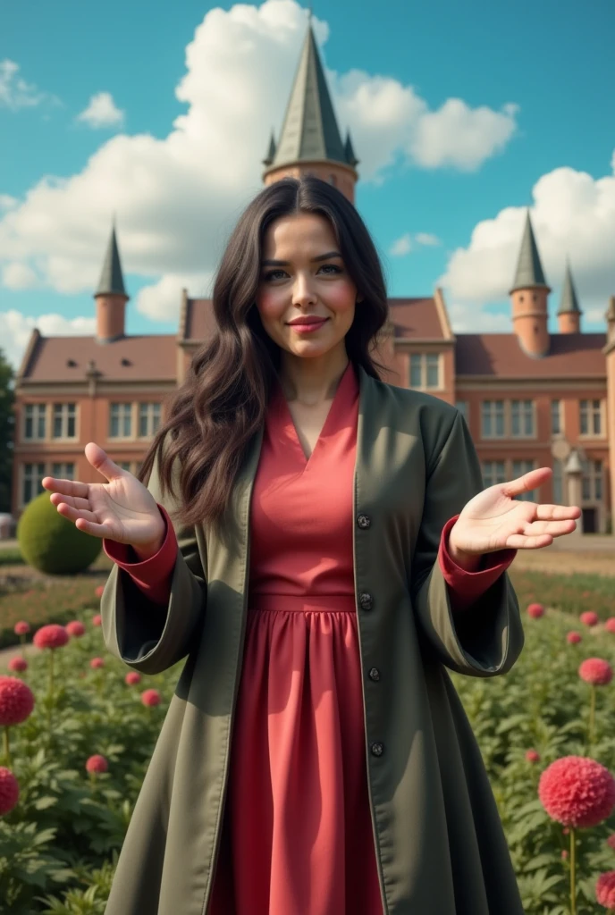 masterpiece photo of a dark-haired full-length woman with green eyes dressed as mage actively says something while gesticulating, a cheerful facial expression, blush, interesting dynamic pose, against the background of college of magic, a rich blue sky with clouds, a lot of vegetation, bright colors, intricate bizarre color combinations