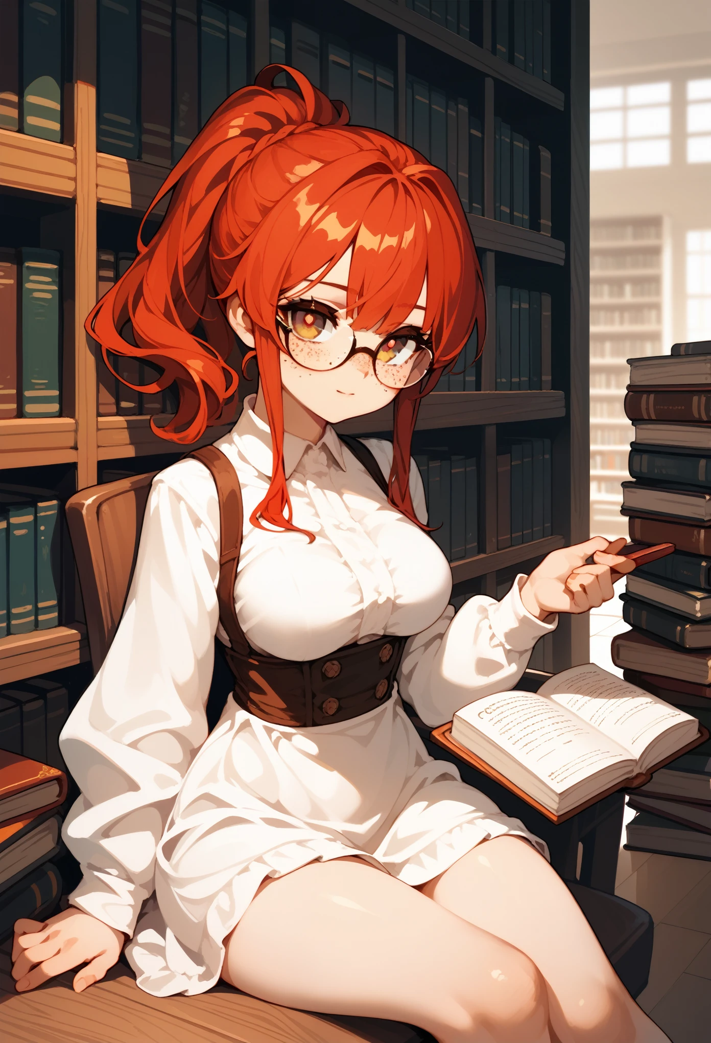 (score_9, score_8_up, score_7_up), (anime), 1girl, petite, long red hair, ponytail, hazel eyes, gradient eyes, freckles on the face, calm expression, medium breasts, wide hips, glasses, white dress, sitting, looking at viewer, holding a book, indoors, library, flat colors