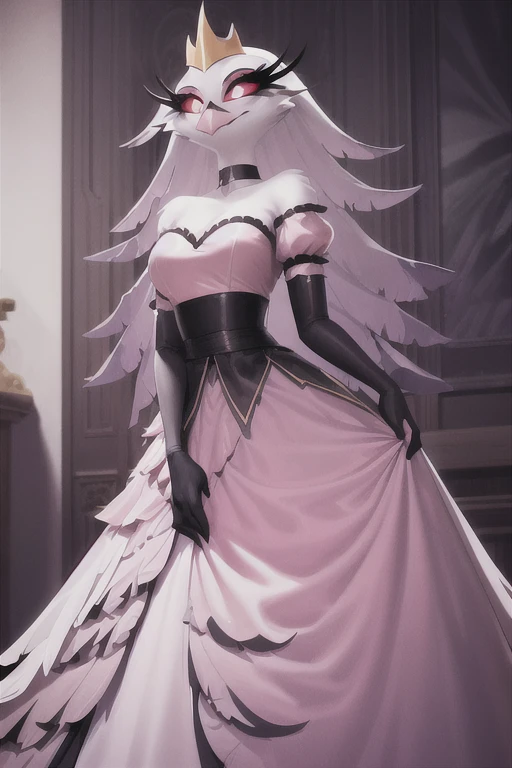 (best quality, masterpiece:1), furry female anthro stella, owl, portrait, stelladress, white dress, black belt, pink beak,  standing, gold crown, looking to the side, closed mouth, smile, wide-eyed, white pupils, elbow gloves, choker, pink gradient dress, (dimly lit fancy formal ball background:1.0), 