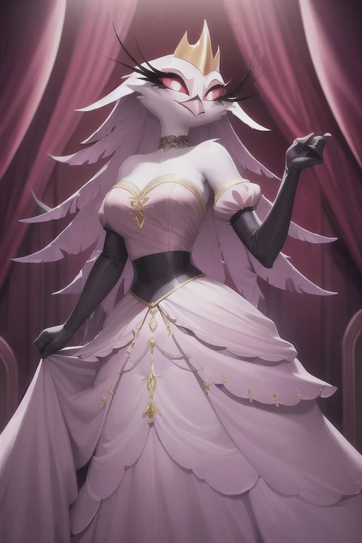 (best quality, masterpiece:1), furry female anthro stella, owl, portrait, stelladress, white dress, black belt, pink beak,  standing, gold crown, looking to the side, closed mouth, smile, wide-eyed, white pupils, elbow gloves, choker, pink gradient dress, (dimly lit fancy formal ball background:1.0), 