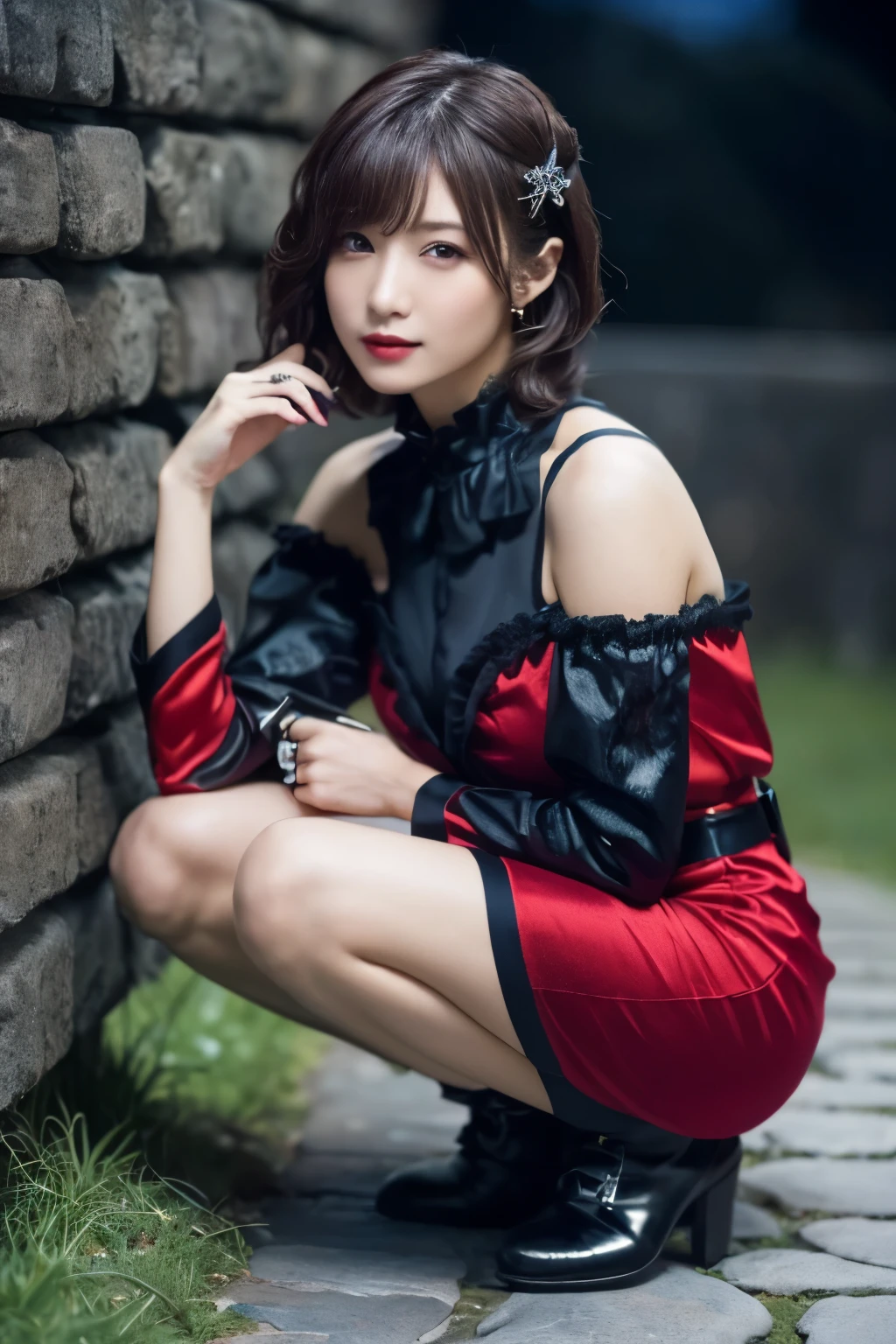 1 girl, (She is wearing a red dress:1.3), (Gothic Makeup), Portrait of an adorable Japanese symphonic metal singer, (RAW Photo Best Quality), (Realistic, Realistic:1.4), (masterpiece), 
But delicate and beautiful, Very detailed, 2k wallpaper, wonderful, finely, Very detailed CG Unity 8K wallpaper, Very detailed, High resolution, Soft light, 
Beautiful detailed girl, Very detailed目と顔, A beautiful and elegant nose, Beautiful Beautiful Eyes, Cinema Lighting, 
(彼女はnightのヨーロッパの中世の廃墟の町で用を足すためにしゃがむ:1.4), (Squat), (Stone Path:1.4), (night:1.4), (Girl full body silhouette:1.2), (Dark screen:1.5), (I am so lonely), 
(short hair), (Messy Hair), (Indigo Color Scheme),
Perfect Anatomy, Slender body, Small breasts