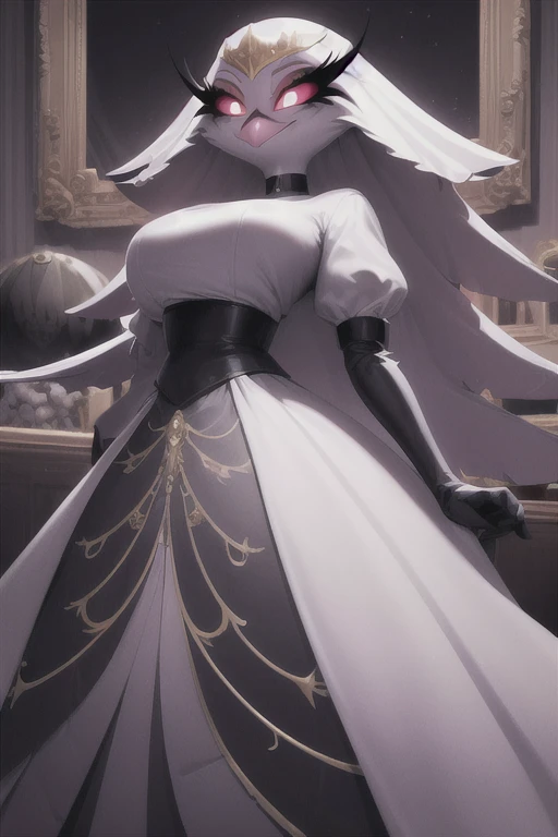 (best quality, masterpiece:1), furry female anthro stella, owl, portrait, stelladress, white dress, black belt, smile, cape covering whole body, black cape, hoods covered head, closed mouth, smile, wide-eyed, white pupils, elbow gloves (dimly lit fancy formal ball background:1.0), 