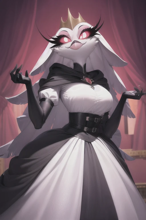 (best quality, masterpiece:1), furry female anthro stella, owl, portrait, stelladress, white dress, black belt, smile, cape covering whole body, black cape, hoods covered head, closed mouth, smile, wide-eyed, white pupils, elbow gloves (dimly lit fancy formal ball background:1.0), 