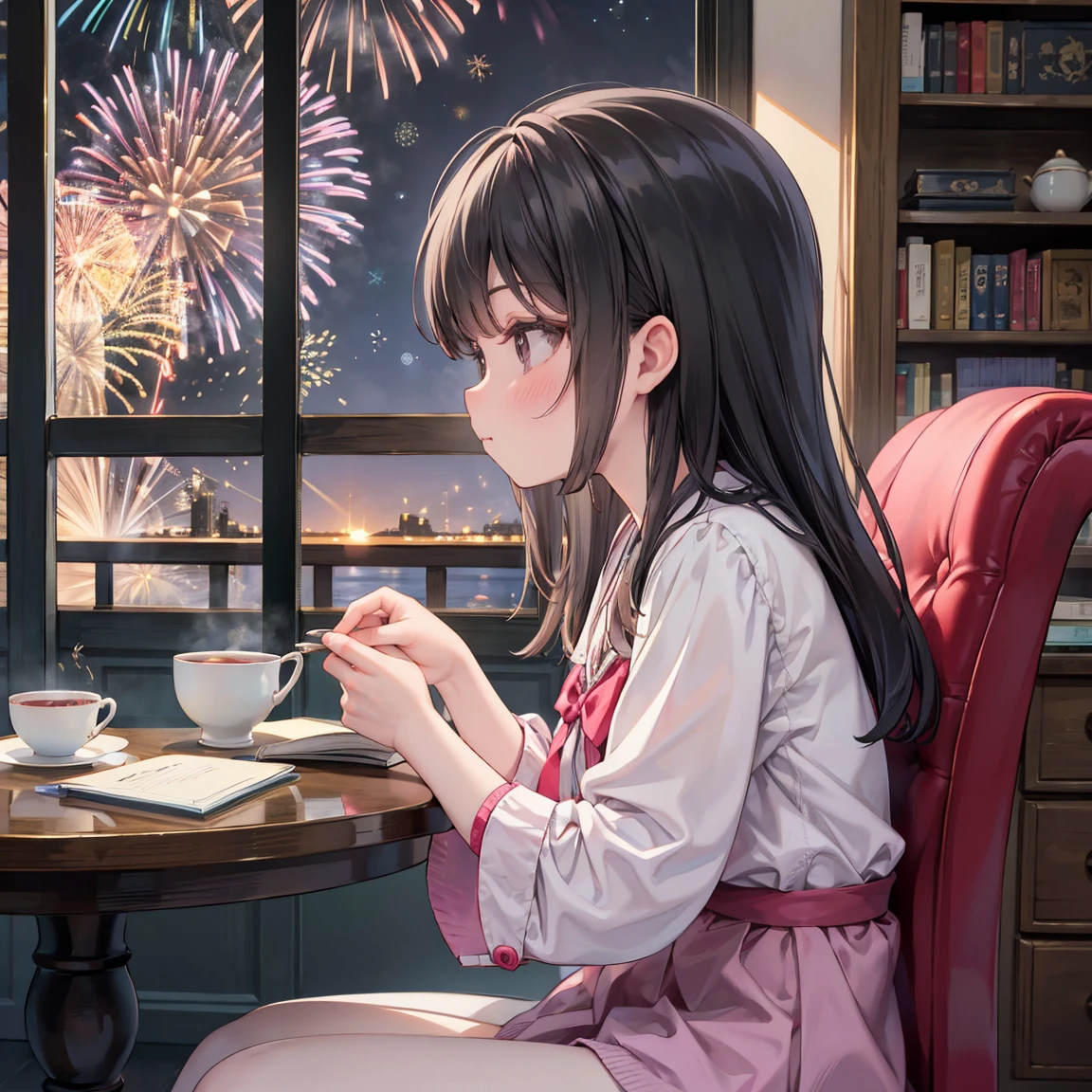 masterpiece, Best Quality, Very detailed, 16k, Ultra-high resolution, Cowboy Shot, Detailed face, Perfect fingers, a , Black Eyes, Black Hair, Wavy Hair, Gorgeous Western-style building, Bookshelf, Table seating, chair, Tea Set, chairに座って本を読む,((Watching the fireworks from the window,profile))