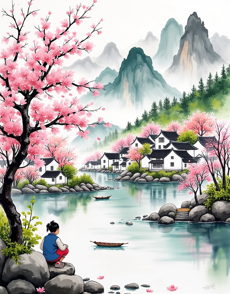 (2girls), Landscape Painting Composition, Foreground and Background Layers, Symmetry and Balance, Layering, Soft Pink and Green Tones, Warm and Cool Tones, Watercolor Wash, Black-and-White Roofs, Natural Lighting, Highlights, Soft Shadows, Parallel Perspective, Diminishing Scale in Background, Natural Scaling, Chinese Landscape Painting, Ink Wash Painting, Combination of Gongbi and Xieyi, Peach Blossom Tree, Traditional Chinese Architecture, Green Mountains, Reflections in Water, Mountains and Rivers, Blooming Peach Blossoms, Serene Village, Clear Water Surface, Spring Atmosphere, Green Mountains and White Clouds, Flora and Fauna, Ink-style Landscape, Serene and Harmonious, Beauty of Nature, Vibrancy of Spring,1smgf1