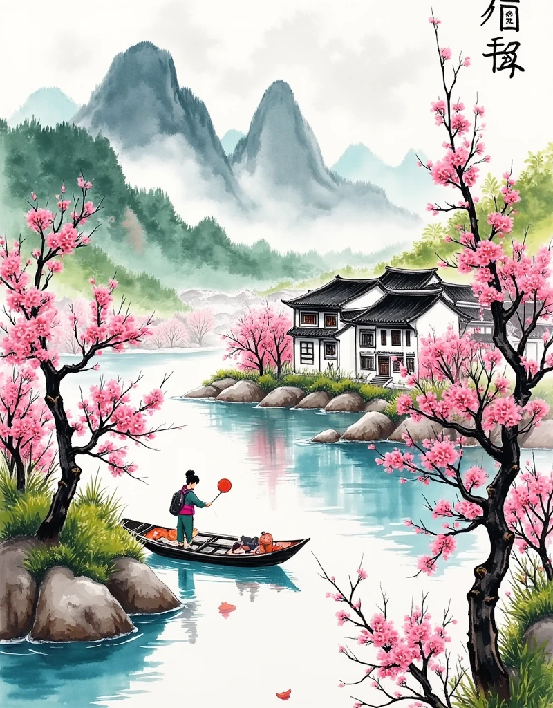 (2girls), Landscape Painting Composition, Foreground and Background Layers, Symmetry and Balance, Layering, Soft Pink and Green Tones, Warm and Cool Tones, Watercolor Wash, Black-and-White Roofs, Natural Lighting, Highlights, Soft Shadows, Parallel Perspective, Diminishing Scale in Background, Natural Scaling, Chinese Landscape Painting, Ink Wash Painting, Combination of Gongbi and Xieyi, Peach Blossom Tree, Traditional Chinese Architecture, Green Mountains, Reflections in Water, Mountains and Rivers, Blooming Peach Blossoms, Serene Village, Clear Water Surface, Spring Atmosphere, Green Mountains and White Clouds, Flora and Fauna, Ink-style Landscape, Serene and Harmonious, Beauty of Nature, Vibrancy of Spring,1smgf1