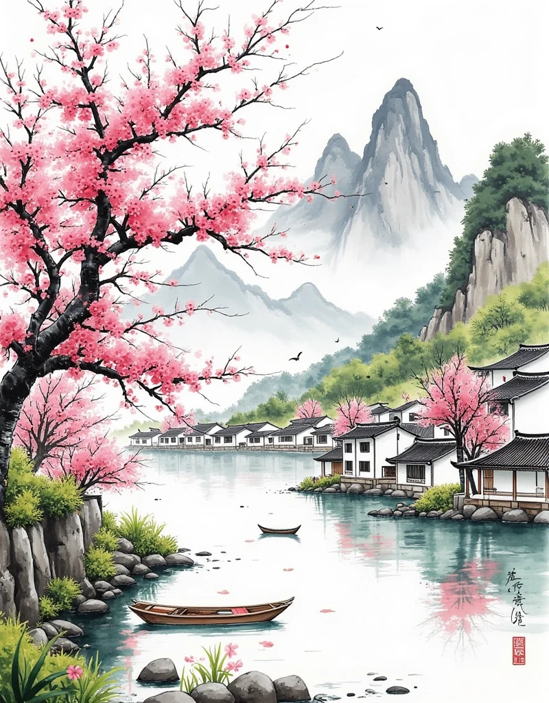 (2girls), Landscape Painting Composition, Foreground and Background Layers, Symmetry and Balance, Layering, Soft Pink and Green Tones, Warm and Cool Tones, Watercolor Wash, Black-and-White Roofs, Natural Lighting, Highlights, Soft Shadows, Parallel Perspective, Diminishing Scale in Background, Natural Scaling, Chinese Landscape Painting, Ink Wash Painting, Combination of Gongbi and Xieyi, Peach Blossom Tree, Traditional Chinese Architecture, Green Mountains, Reflections in Water, Mountains and Rivers, Blooming Peach Blossoms, Serene Village, Clear Water Surface, Spring Atmosphere, Green Mountains and White Clouds, Flora and Fauna, Ink-style Landscape, Serene and Harmonious, Beauty of Nature, Vibrancy of Spring,1smgf1