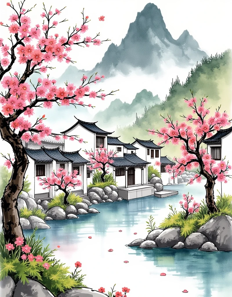 (2girls), Landscape Painting Composition, Foreground and Background Layers, Symmetry and Balance, Layering, Soft Pink and Green Tones, Warm and Cool Tones, Watercolor Wash, Black-and-White Roofs, Natural Lighting, Highlights, Soft Shadows, Parallel Perspective, Diminishing Scale in Background, Natural Scaling, Chinese Landscape Painting, Ink Wash Painting, Combination of Gongbi and Xieyi, Peach Blossom Tree, Traditional Chinese Architecture, Green Mountains, Reflections in Water, Mountains and Rivers, Blooming Peach Blossoms, Serene Village, Clear Water Surface, Spring Atmosphere, Green Mountains and White Clouds, Flora and Fauna, Ink-style Landscape, Serene and Harmonious, Beauty of Nature, Vibrancy of Spring,1smgf1