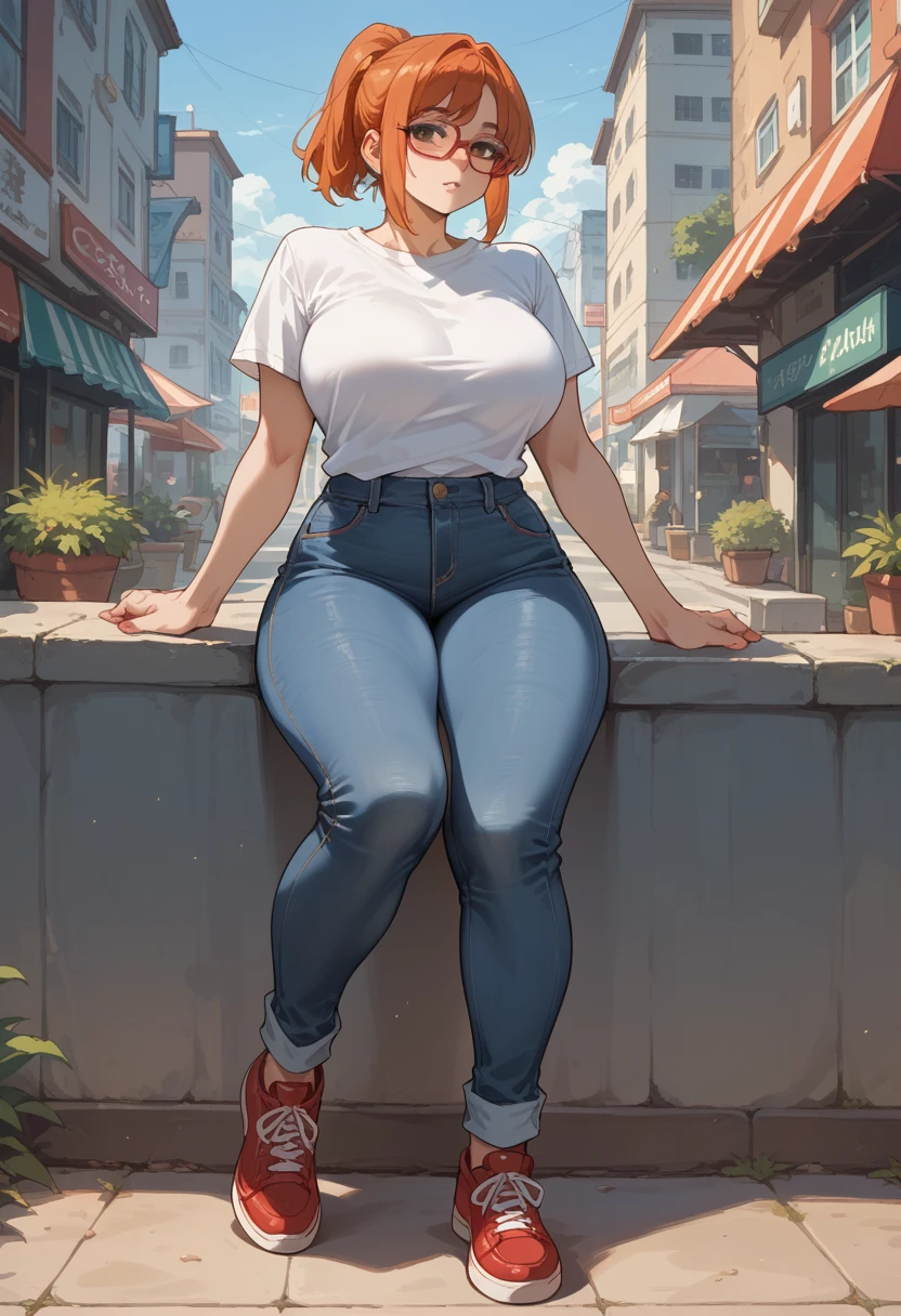 Chuby girl, ponytail, Orange hair, curvy, red glasses, Big breast, Big legs, short hair, jeans pants, striped red and White tshirt, red shoes