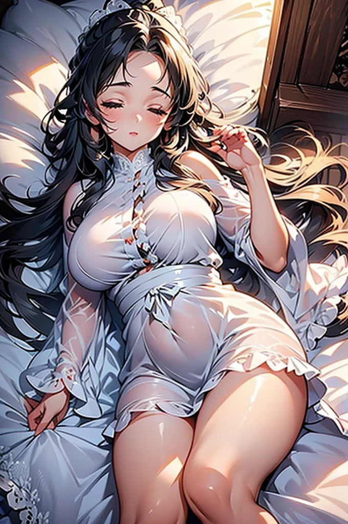 ((((High resolution, Intricate details, Super detailed, masterpiece, 8k)))), (((beautiful, Beautiful face, One Woman, middle part, amount, Eyes closed, Glowing Skin, Asleep))), ((Black Hair, Robe, lace, Frills, Big Breasts, love handle, Chubby, Glamour, Being fat, Plump thighs, belly button)), (Long Hair, High Ponytail, Big ribbon, bed), from front, looking at viewer, look at viewer,